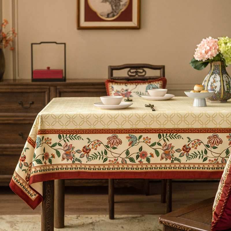 Chinoiserie Luxury Plush Rectangular Beige Tablecloth - SinoCultural -- TC012W85
