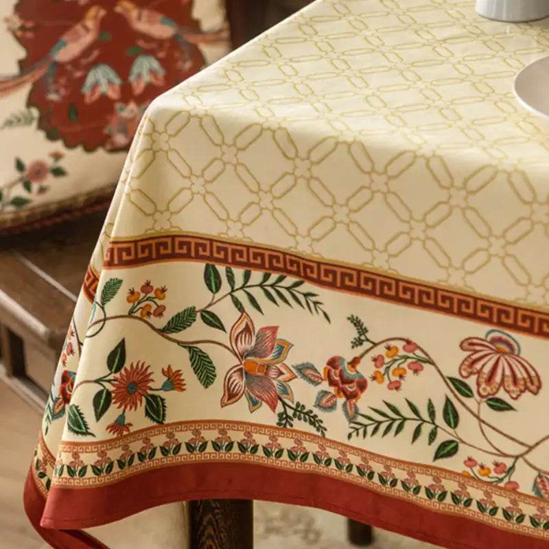 Chinoiserie Luxury Plush Rectangular Beige Tablecloth - SinoCultural -- TC012W85