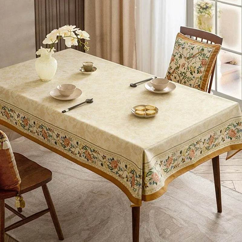 Chinoiserie Luxury Plush Rectangular Beige Floral Tablecloth - SinoCultural -- TC021W85