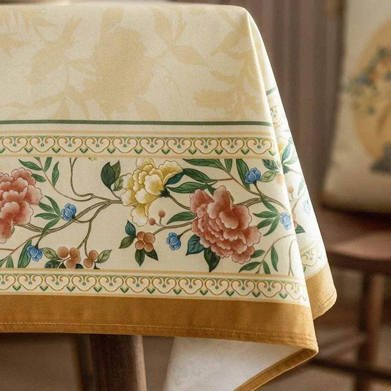 Chinoiserie Luxury Plush Rectangular Beige Floral Tablecloth - SinoCultural -- TC021W85