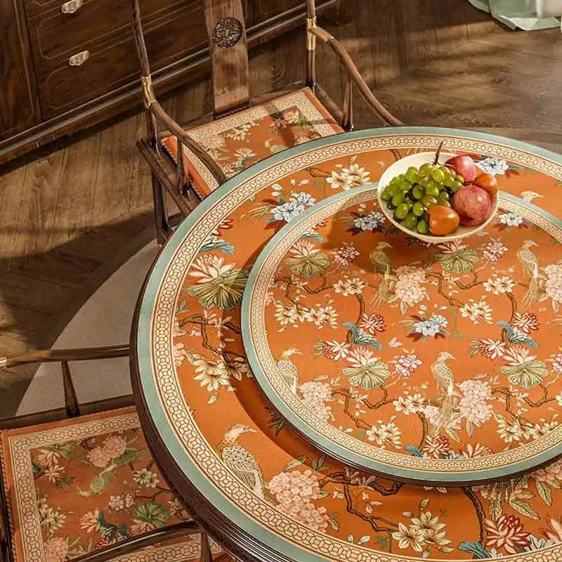Chinoiserie Orange Mountain Hydrangea Round Leather Table Mat - SinoCultural -- TM034A50