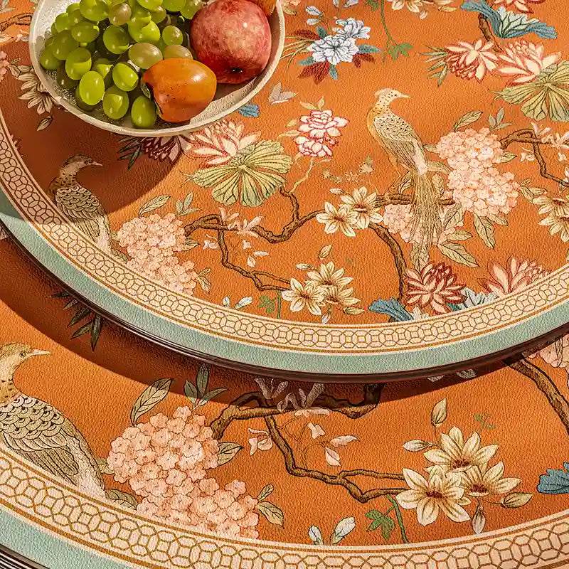 Chinoiserie Orange Mountain Hydrangea Round Leather Table Mat - SinoCultural -- TM034A50