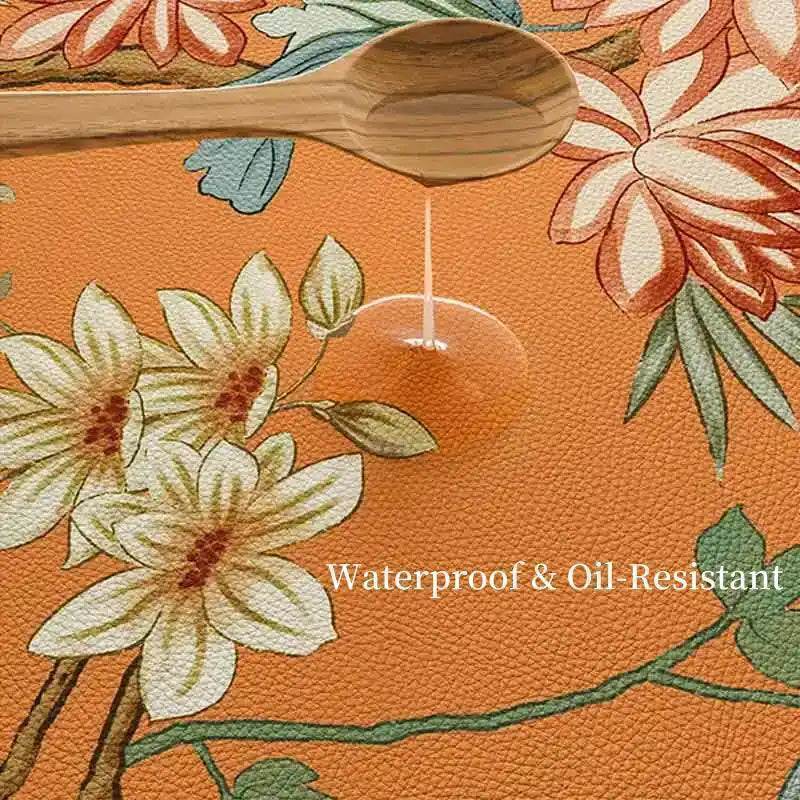 Custom Size Chinoiserie Mountain Hydrangea Wash-Free Leather Table Mat - SinoCultural -- TM002A240100 -