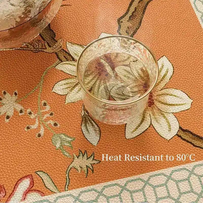Custom Size Chinoiserie Mountain Hydrangea Wash-Free Leather Table Mat - SinoCultural -- TM002A240100 -