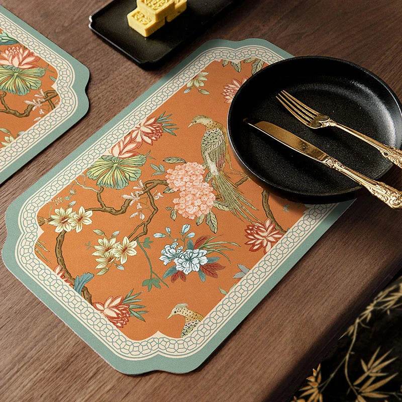 2-Piece Chinoiserie Mountain Hydrangea Leather Washable Placemat - SinoCultural -- TM015A3045 -