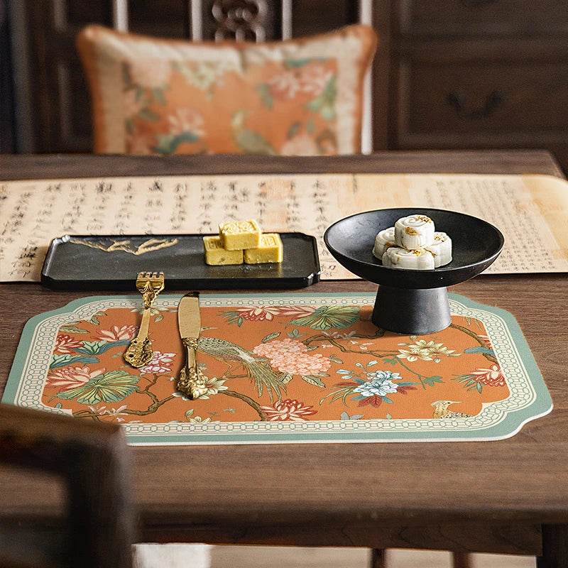 2-Piece Chinoiserie Mountain Hydrangea Leather Washable Placemat - SinoCultural -- TM015A3045 -