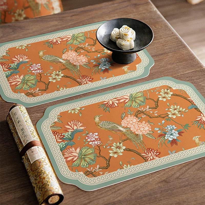 2-Piece Chinoiserie Mountain Hydrangea Leather Washable Placemat - SinoCultural -- TM015A3045 -