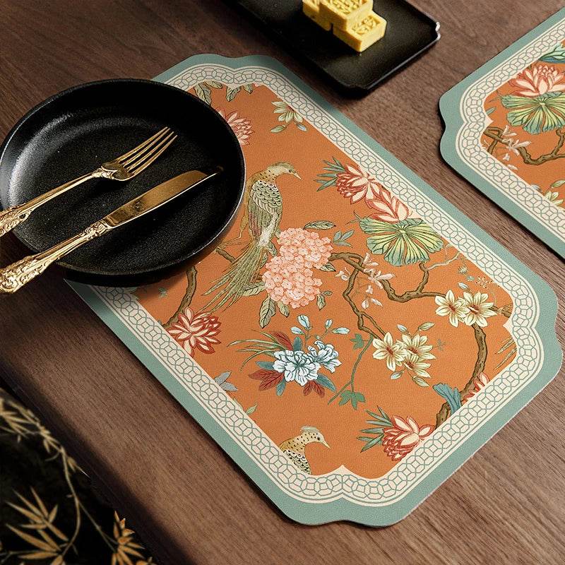 2-Piece Chinoiserie Mountain Hydrangea Leather Washable Placemat - SinoCultural -- TM015A3045 -