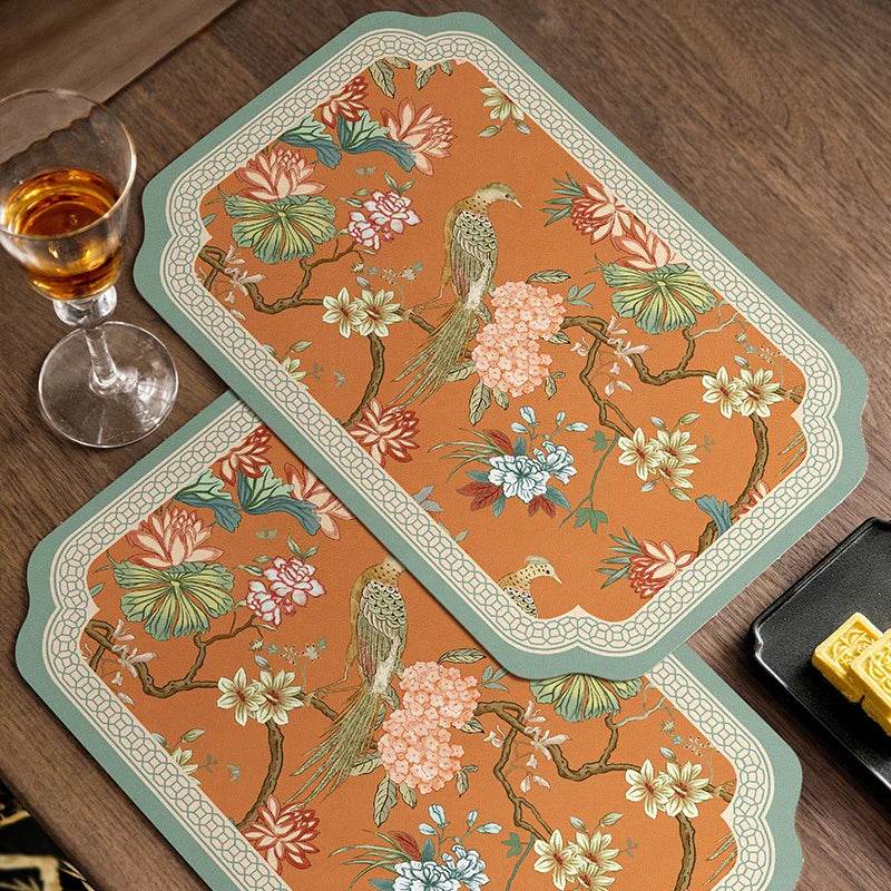 2-Piece Chinoiserie Mountain Hydrangea Leather Washable Placemat - SinoCultural -- TM015A3045 -