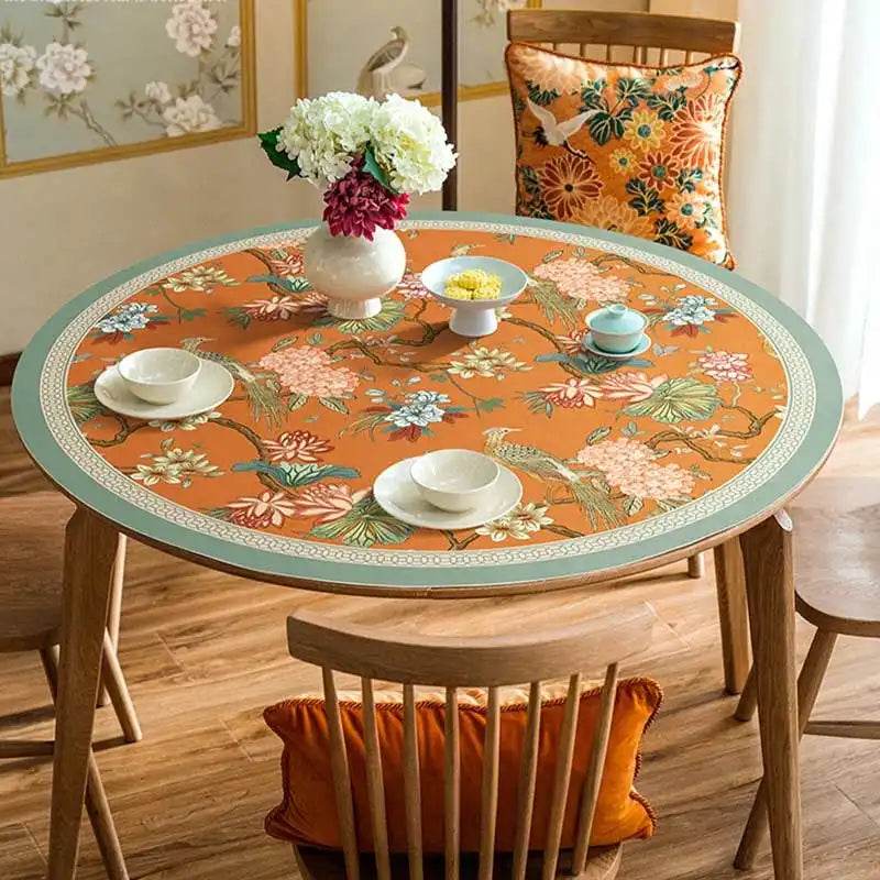Chinoiserie Mountain Hydrangea Round PU Leather Table Mat - SinoCultural -- TM027A50