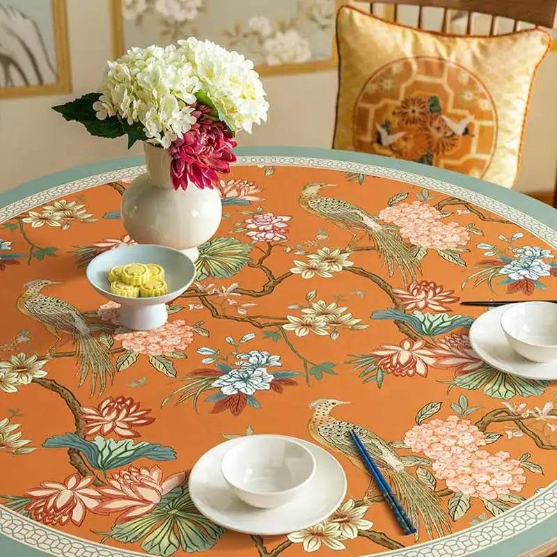 Chinoiserie Mountain Hydrangea Round PU Leather Table Mat - SinoCultural -- TM027A50