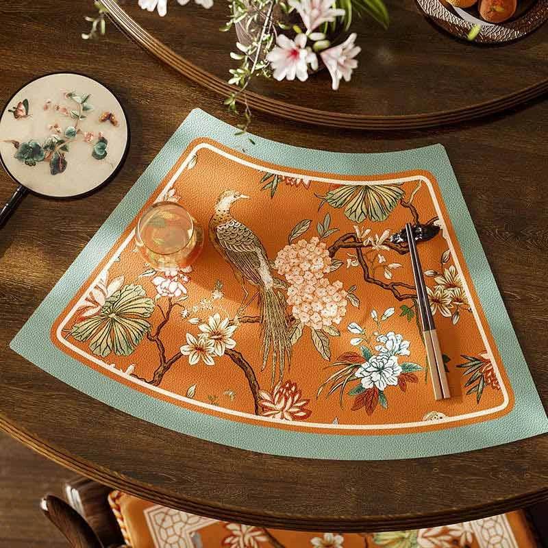 2-Piese Chinoiserie Mountain Hydrangea Round Table Fan-shaped Placemat - SinoCultural -- TM021A46 -