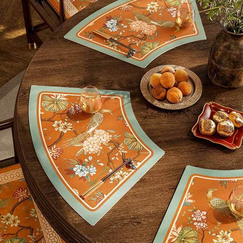 2-Piese Chinoiserie Mountain Hydrangea Round Table Fan-shaped Placemat - SinoCultural -- TM021A46 -