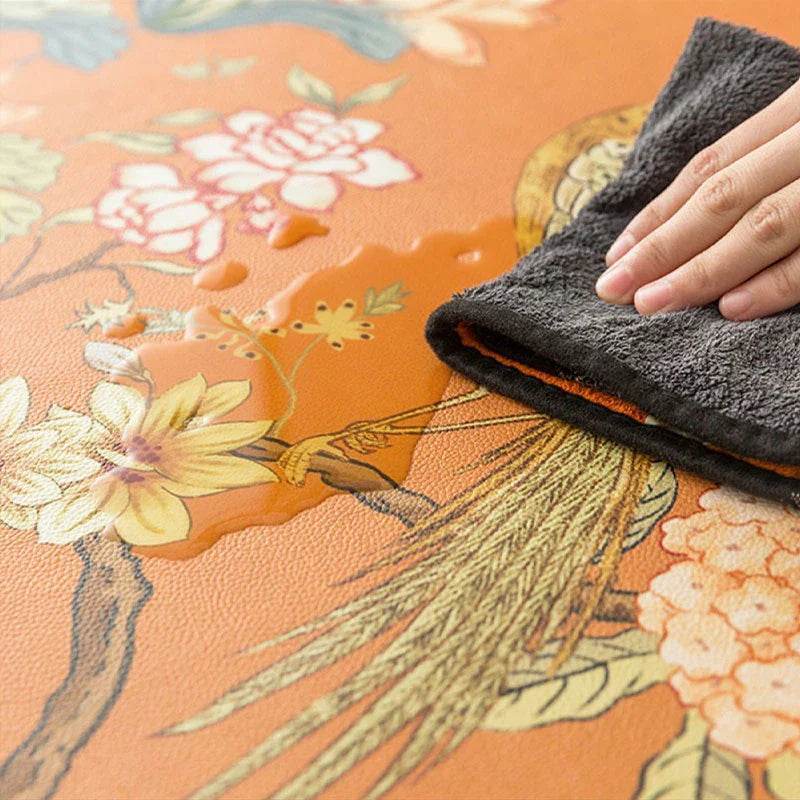 Custom Size Chinoiserie Mountain Hydrangea Wash-Free Leather Table Mat - SinoCultural -- TM002A240100