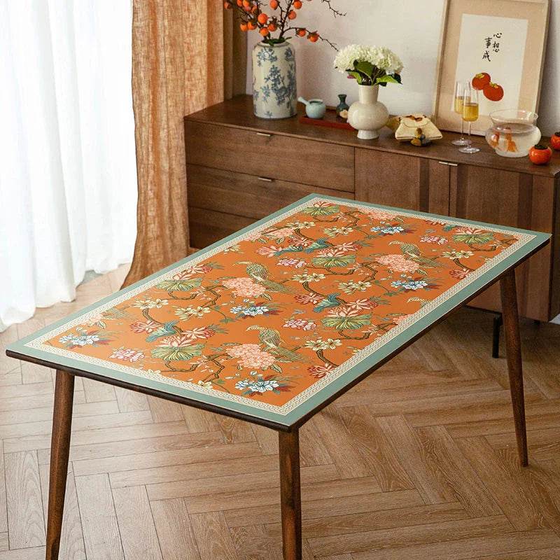 Custom Size Chinoiserie Mountain Hydrangea Wash-Free Leather Table Mat - SinoCultural -- TM002A240100