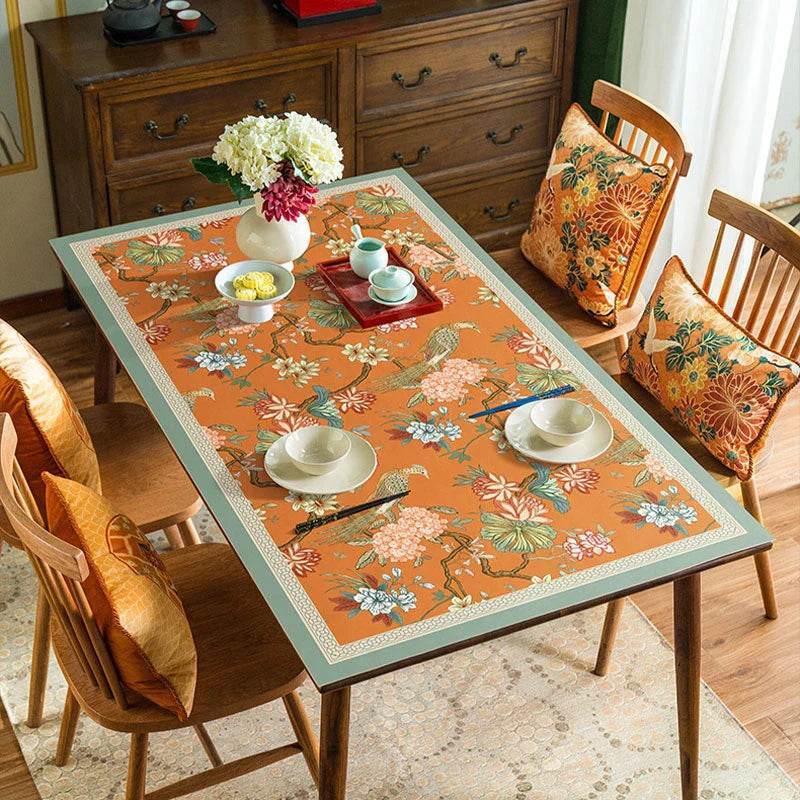 Custom Size Chinoiserie Mountain Hydrangea Wash-Free Leather Table Mat - SinoCultural -- TM002A240100