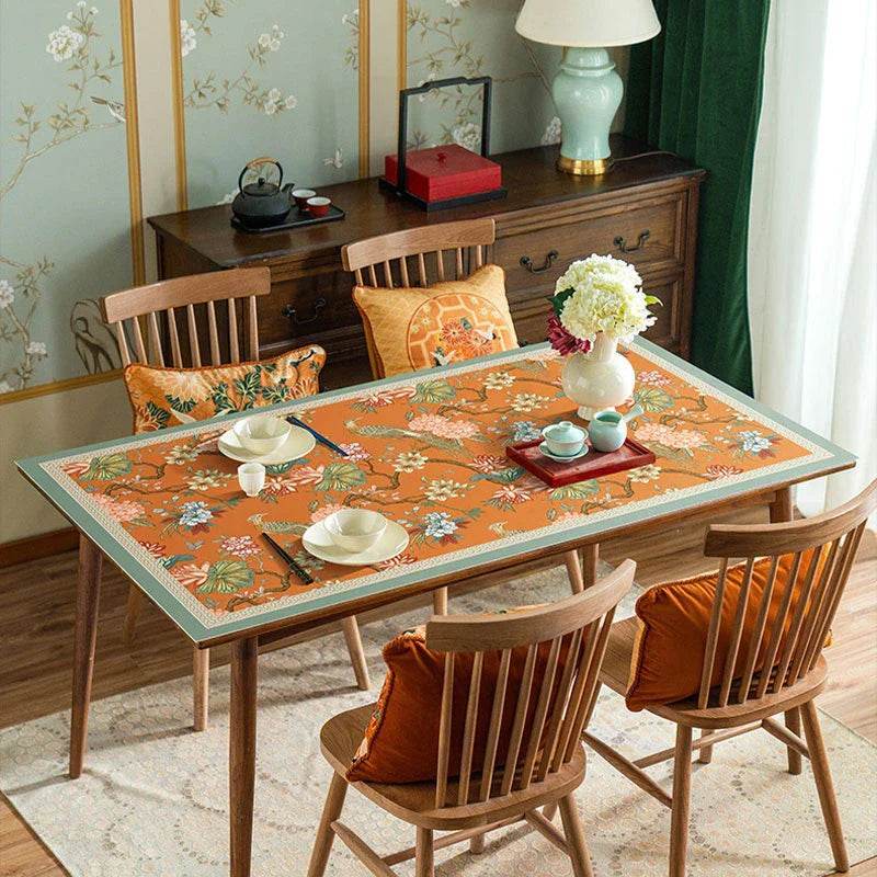 Custom Size Chinoiserie Mountain Hydrangea Wash-Free Leather Table Mat - SinoCultural -- TM002A240100