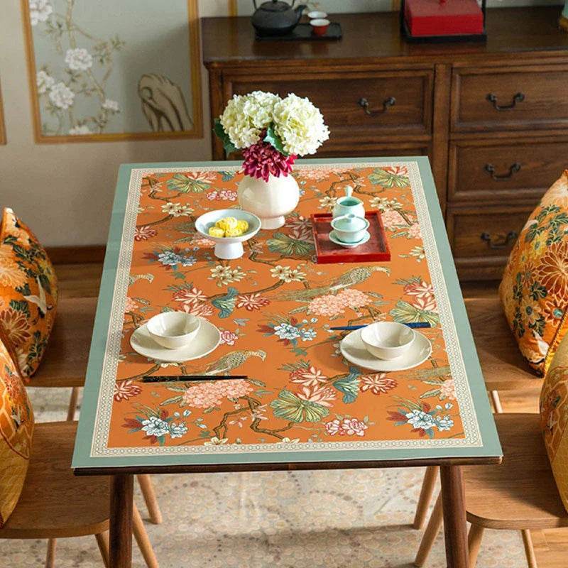 Custom Size Chinoiserie Mountain Hydrangea Wash-Free Leather Table Mat - SinoCultural -- TM002A240100