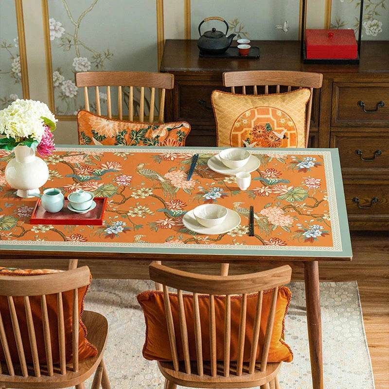 Custom Size Chinoiserie Mountain Hydrangea Wash-Free Leather Table Mat - SinoCultural -- TM002A240100
