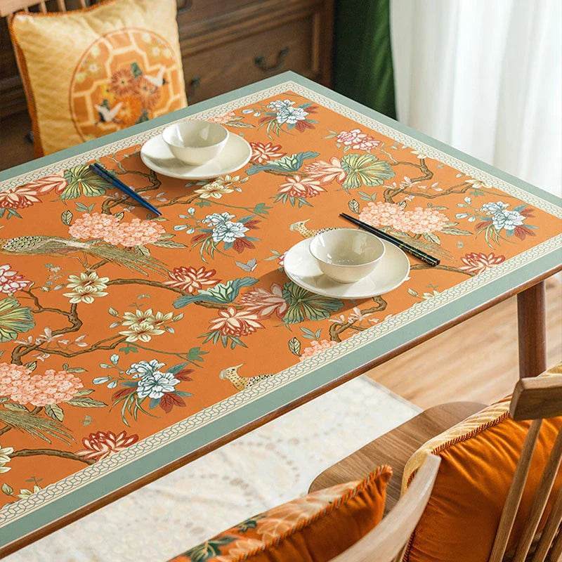 Custom Size Chinoiserie Mountain Hydrangea Wash-Free Leather Table Mat - SinoCultural -- TM002A240100