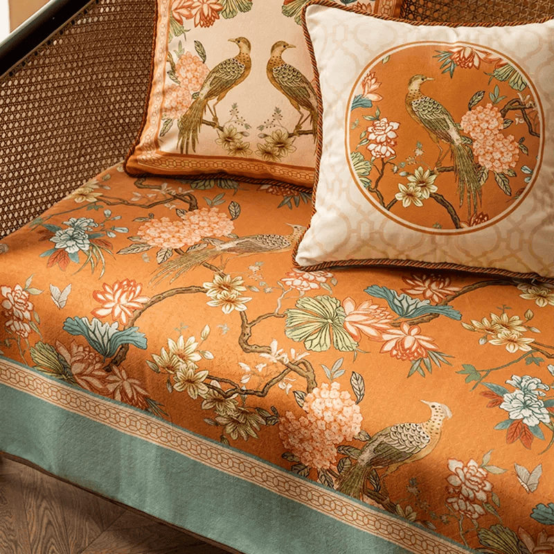 Chinoiserie Vintage Orange Mountain Bird Hydrangea Sofa Slipcover - SinoCultural -- S0C001A9090