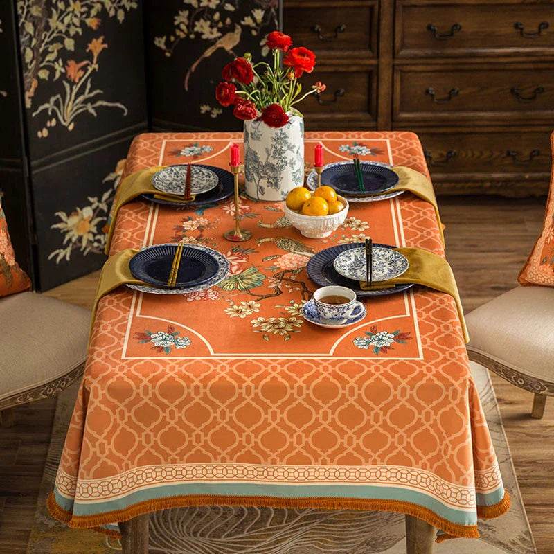 Chinoiserie Orange Mountain Hydrangea Rectangle Tablecloth - SinoCultural -- TC009Y85 -