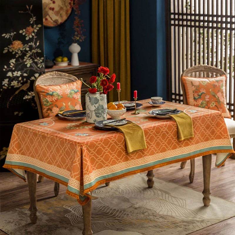 Chinoiserie Orange Mountain Hydrangea Rectangle Tablecloth - SinoCultural -- TC009Y85 -