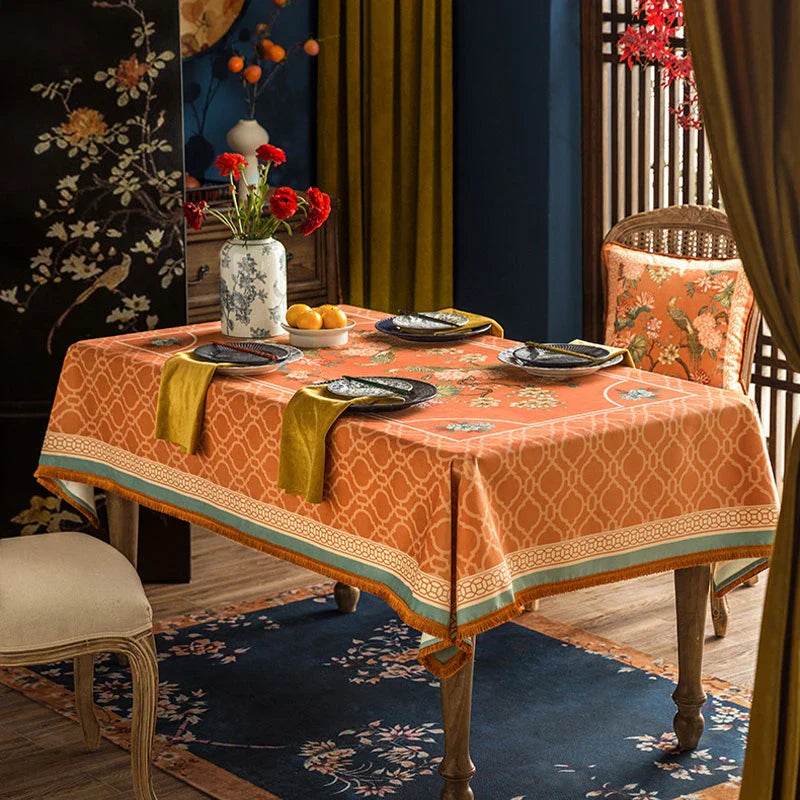 Chinoiserie Orange Mountain Hydrangea Rectangle Tablecloth - SinoCultural -- TC009Y85 -