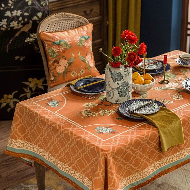 Chinoiserie Orange Mountain Hydrangea Rectangle Tablecloth - SinoCultural -- TC009Y85 -