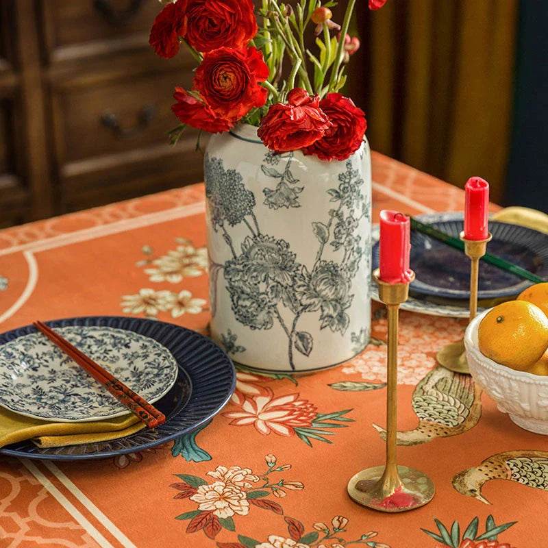 Chinoiserie Orange Mountain Hydrangea Rectangle Tablecloth - SinoCultural -- TC009Y85 -