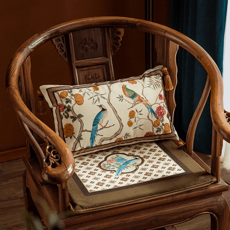 Chinoiserie Orange Persimmon Luxurious Lumbar Pillow - SinoCultural -- WP009A01 -