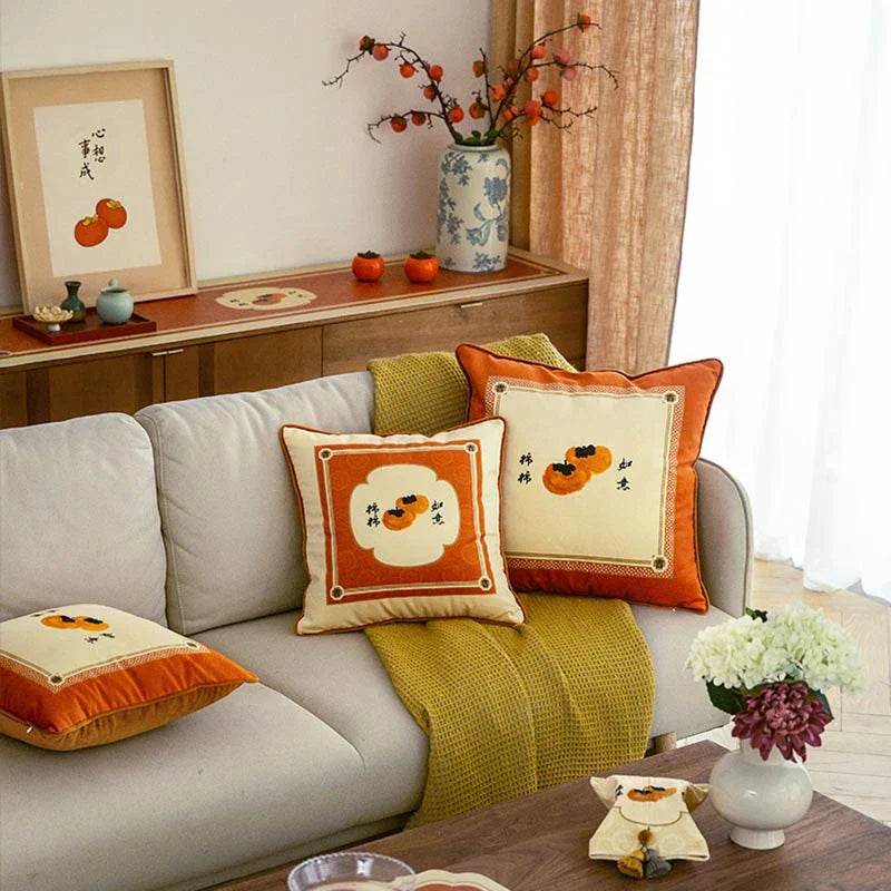 Chinoiserie Orange Throw Pillow Cushion Persimmons Blessings - SinoCultural -- SJZBZ034A01 -