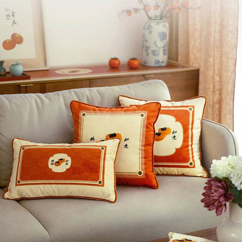 Chinoiserie Orange Throw Pillow Cushion Persimmons Blessings - SinoCultural -- SJZBZ034A01