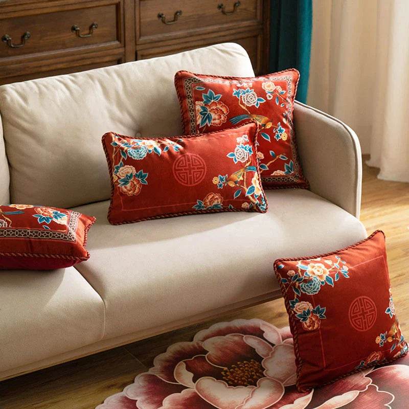 Chinoiserie Oriental Elegance Red Pillow Cushion Floral Reverie - SinoCultural -- SJZBZ032A01 -