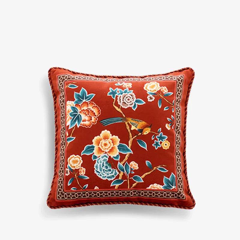 Chinoiserie Oriental Elegance Red Pillow Cushion Floral Reverie - SinoCultural -- SJZBZ032A01 -