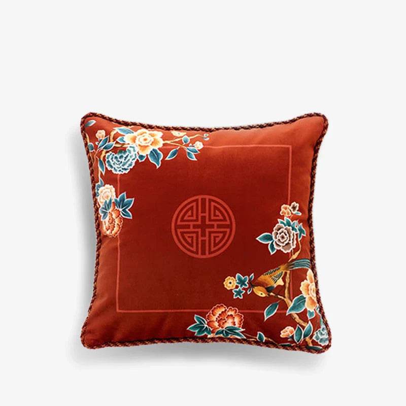Chinoiserie Oriental Elegance Red Pillow Cushion Floral Reverie - SinoCultural -- SJZBZ032A01 -