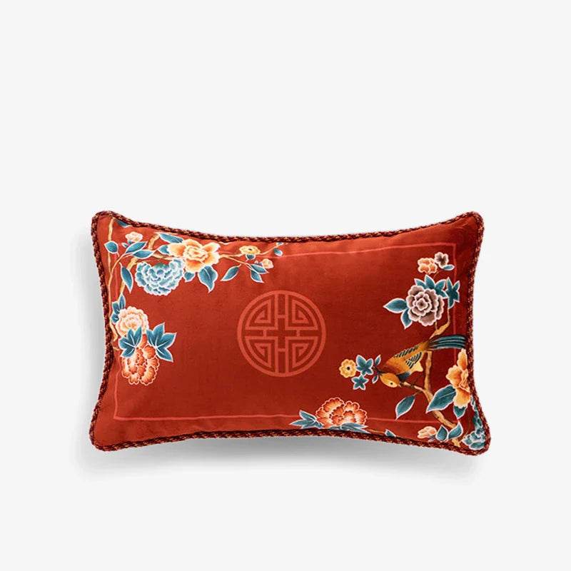 Chinoiserie Oriental Elegance Red Pillow Cushion Floral Reverie - SinoCultural -- SJZBZ032A01 -