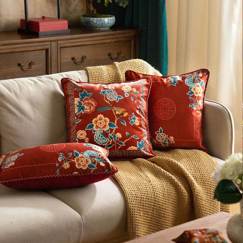 Chinoiserie Oriental Elegance Red Pillow Cushion Floral Reverie - SinoCultural -- SJZBZ032A01 -