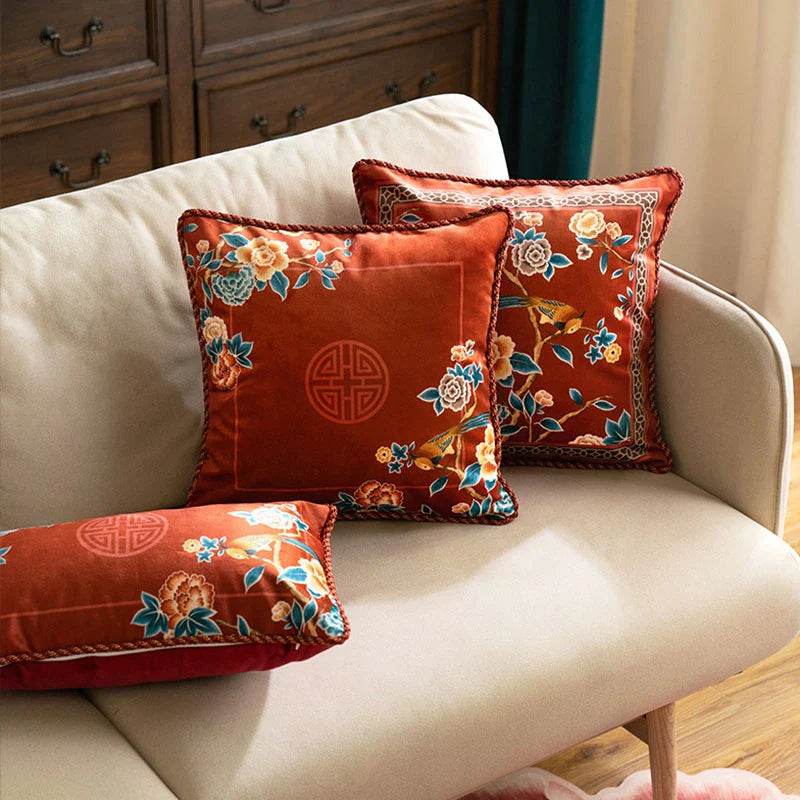 Chinoiserie Oriental Elegance Red Pillow Cushion Floral Reverie - SinoCultural -- SJZBZ032A01 -