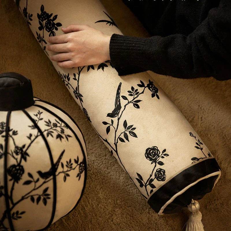 Chinoiserie Oriental Flower Lanterns Pillow Cushion Vintage Ink Blossom - SinoCultural -- SJZBZ033A01 -