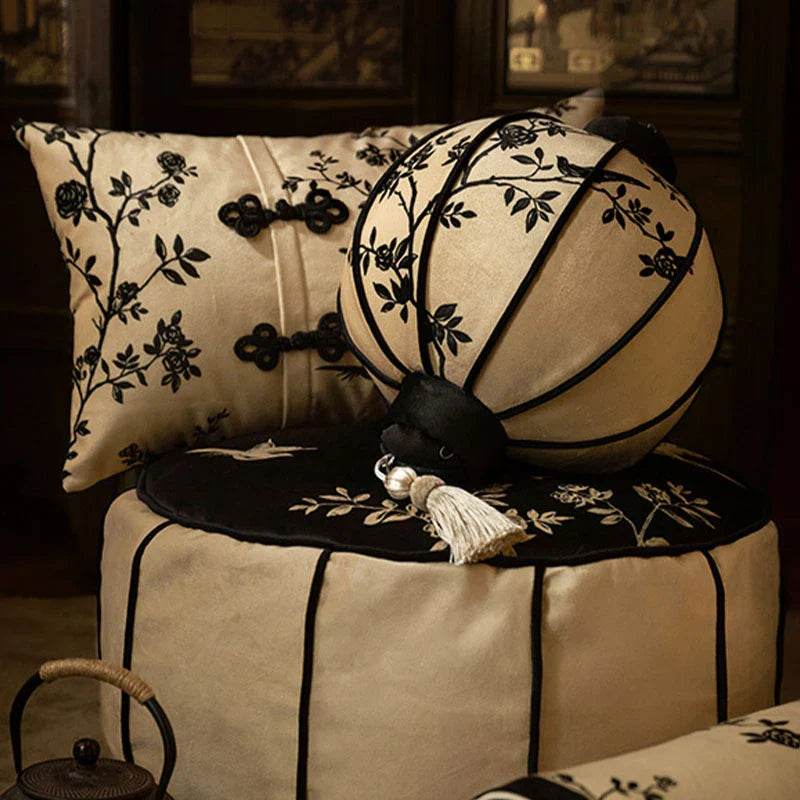 Chinoiserie Oriental Flower Lanterns Pillow Cushion Vintage Ink Blossom - SinoCultural -- SJZBZ033A01 -