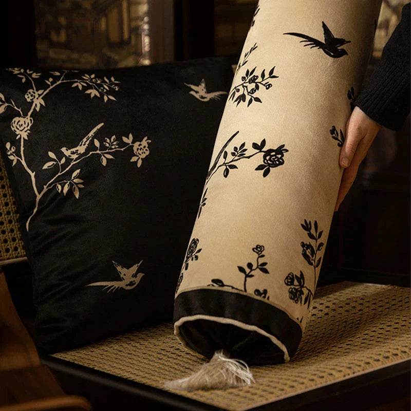 Chinoiserie Oriental Flower Lanterns Pillow Cushion Vintage Ink Blossom - SinoCultural -- SJZBZ033A01 -