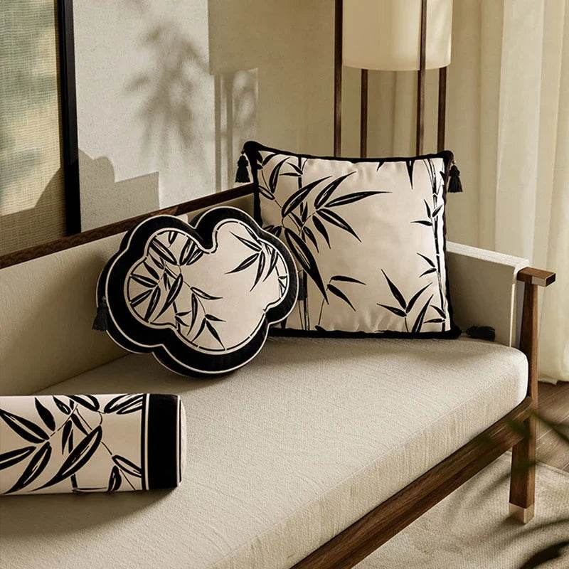 Chinoiserie Oriental Traditiona White Bamboo Pillow Cushion - SinoCultural -- SJZBZ050A01