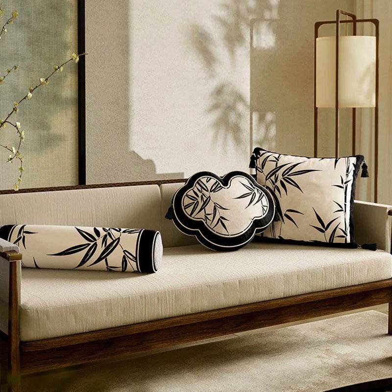 Chinoiserie Oriental Traditiona White Bamboo Pillow Cushion - SinoCultural -- SJZBZ050A01