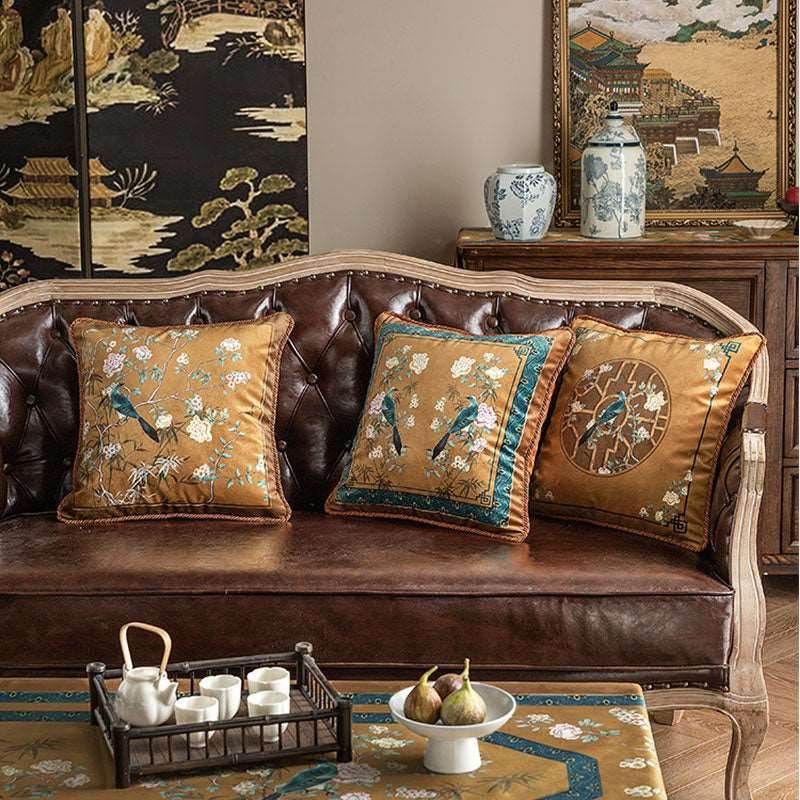Chinoiserie Original Brown Flowers and Birds Throw Pillow Golden Reverie - SinoCultural -- SJZB040A01