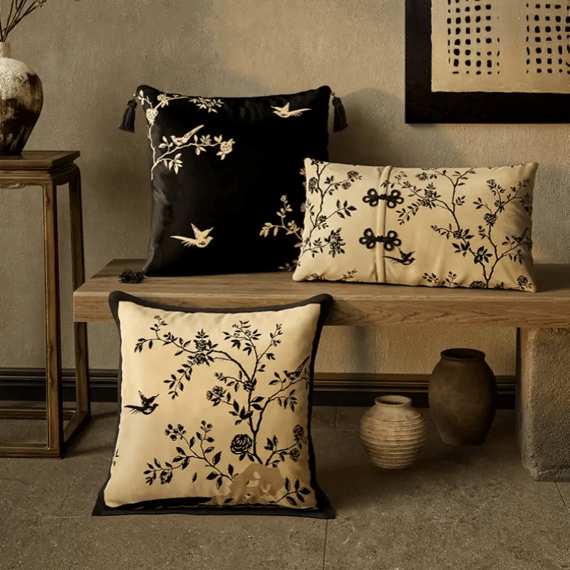 Chinoiserie Original Flower Throw Pillow Cushion Vintage Ink Blossom - SinoCultural -- SJZBZ019C01