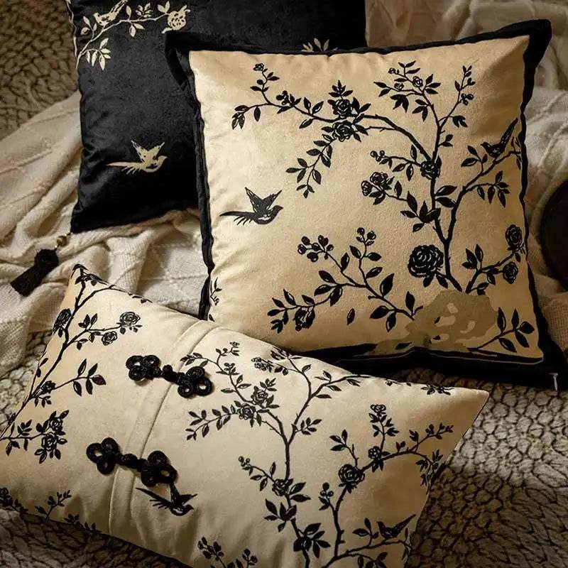 Chinoiserie Original Flower Throw Pillow Cushion Vintage Ink Blossom - SinoCultural -- SJZBZ019C01