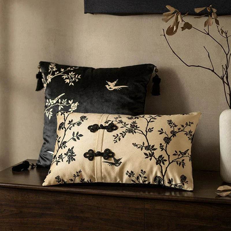 Chinoiserie Original Flower Throw Pillow Cushion Vintage Ink Blossom - SinoCultural -- SJZBZ019C01