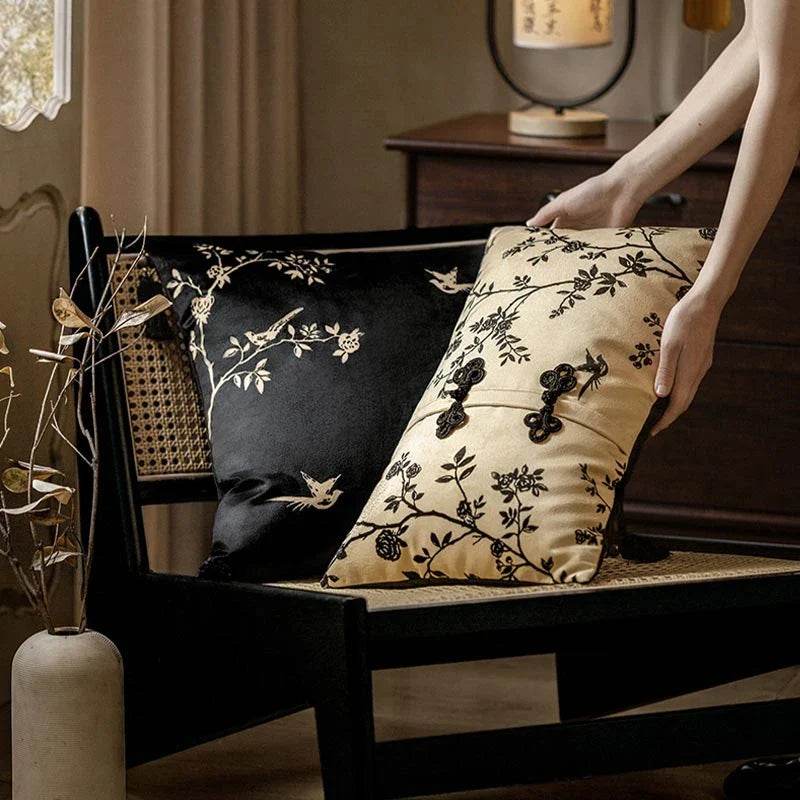 Chinoiserie Original Flower Throw Pillow Cushion Vintage Ink Blossom - SinoCultural -- SJZBZ019C01