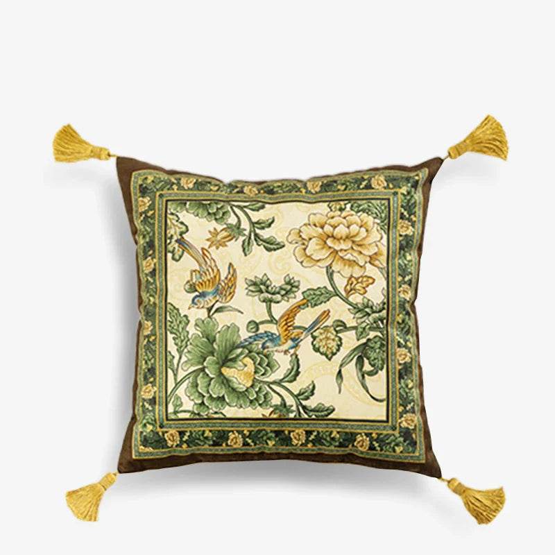 Chinoiserie Original Flowers and Birds Green Throw Pillow - SinoCultural -- SJZBZ046A01